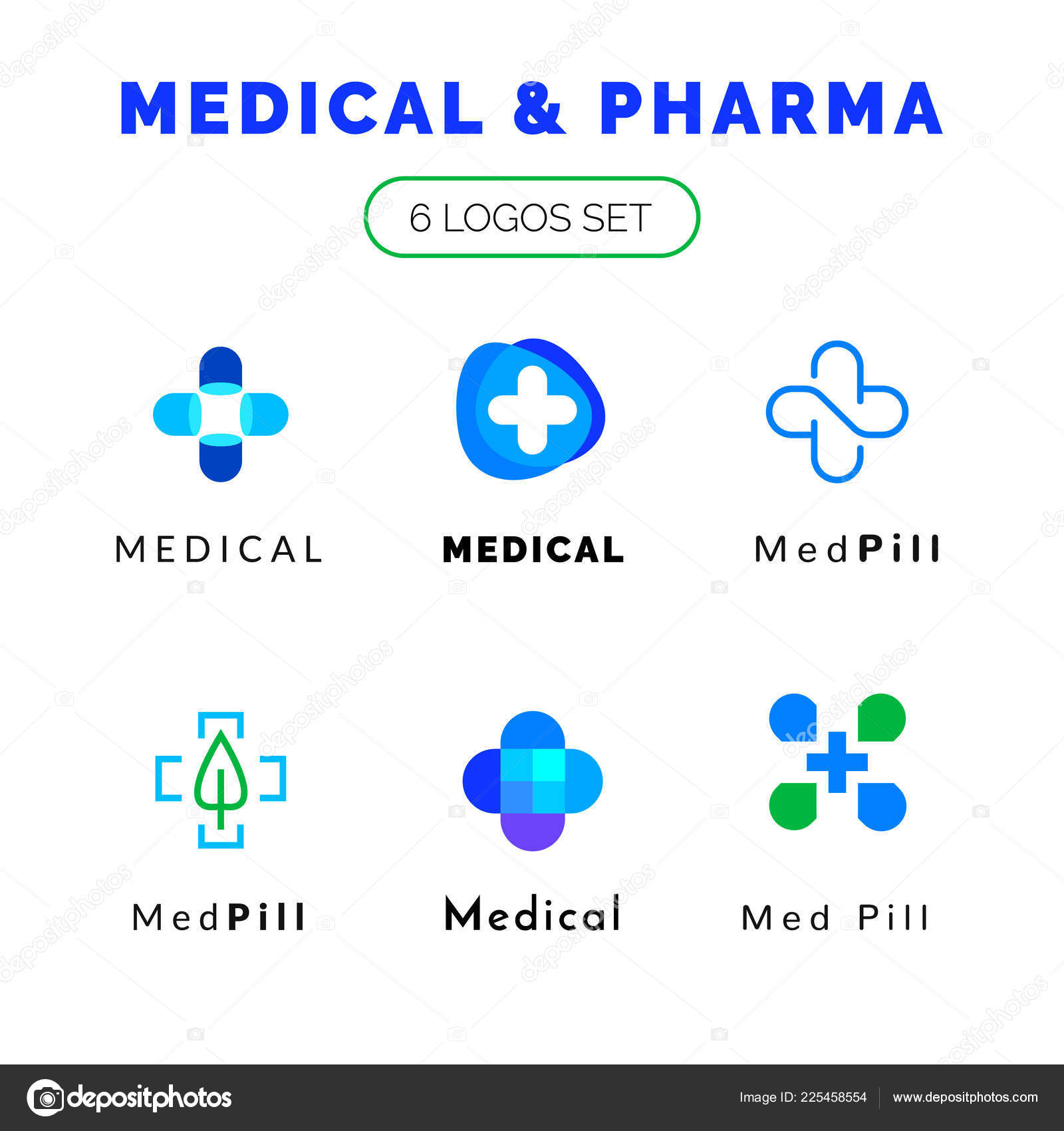 Flat Line Medicine Icons Blue And Green Emblem Logos Set Web