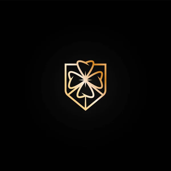 Glänzend goldenes Casino-Logo-Symbol mit vierblättrigem Kleeblatt. Metallfarbenes Logo, Etikett, Emblem für Glücksspiel-Einrichtung, Lotterie, Glücksspiel-Marke — Stockvektor