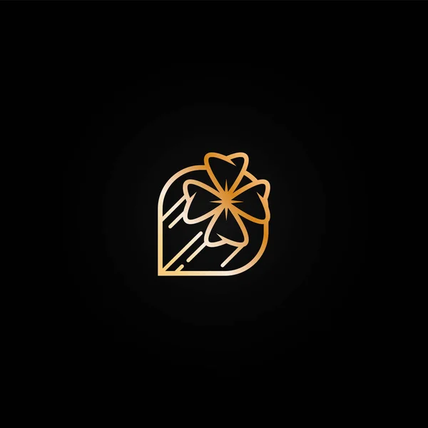 Glänzend goldenes Casino-Logo-Symbol mit vierblättrigem Kleeblatt. Metallfarbenes Logo, Etikett, Emblem für Glücksspiel-Einrichtung, Lotterie, Glücksspiel-Marke — Stockvektor