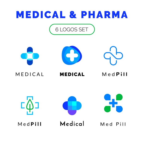 Flat line medicine icons blue and green  emblem logos set, web online concept.Logo of pills, medical cross, pharmaceutical icons — Stock Vector
