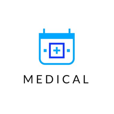 Düz çizgi Tıp Icon tek renkli mavi amblemi logosu, web online kavramı. Hastane, klinik, tıp randevu app için Takvim içinde tıbbi çapraz logosu