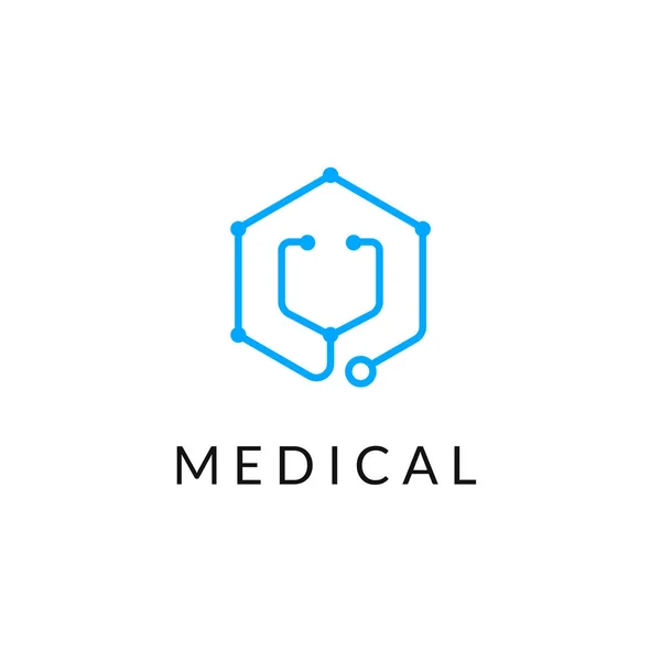 의학 아이콘 단색 블루 엠 블 럼 로고, 웹 온라인 개념을 선. 병원, 클리닉, 의학 약속 응용 프로그램에 대 한 육각 형태로 청진 기의 로고 — 스톡 벡터
