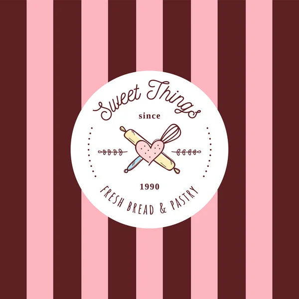 Snoepjes winkel retro doodle schets logo badge stijlsjabloon. Cafe en restaurant embleem, symbool voor bakkerij shop, gebak, donuts in moderne sticker stijl — Stockvector
