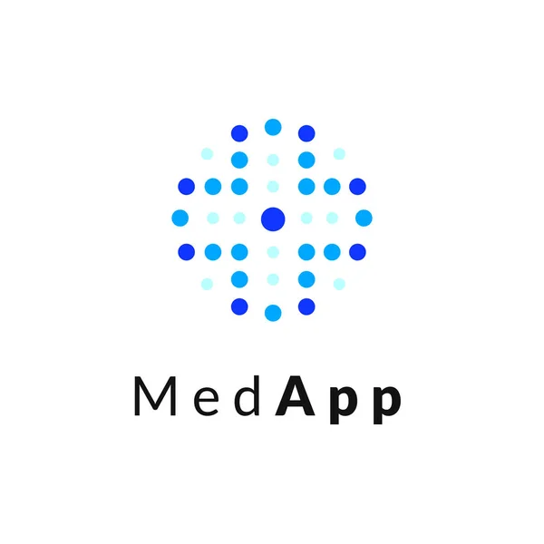 Flache Linie Medizin Symbol monochrom blaues Emblem Logo, Web-Online-Konzept.Logo des medizinischen Kreuzes mit Punkten für Krankenhaus, Klinik, Arzttermin-App — Stockvektor