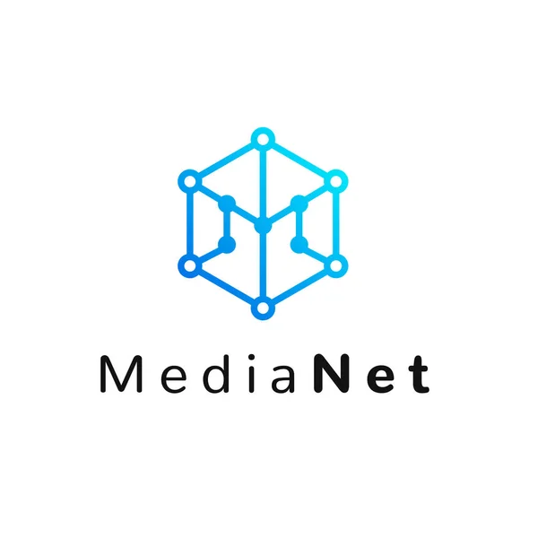 Hexagonal geometrical social network logo icon with letter M, simple lines.Honeycomb blue logotype, label, emblem, element for net web design — Stock Vector