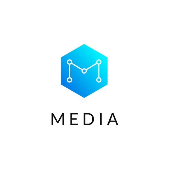Icono del logotipo de la red social geométrica hexagonal con letra M, líneas sencillas. Logotipo azul panal, etiqueta, emblema, elemento para el diseño web de la red — Vector de stock