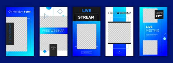 Moderne kleurovergang Instagram verhalen sjabloon voor blog en het bedrijfsleven, web online streaming banner concept. Minimalistische geometrische trendy webinar app schermen, klaar voor gebruik van de knop registreren — Stockvector