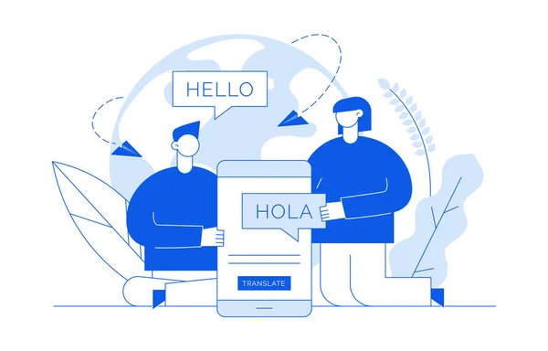 Vector flat line translation design concept of  big modern people, holding smartphone with word Hello in spanish. Trendy language courses, translation agency illustration with earth globe and leaves. — Stock Vector