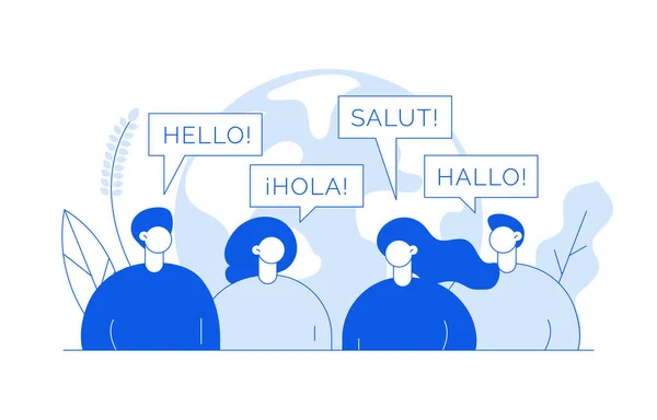 Vector flat line translation concept of big modern people, speaking different languages.Trendy language courses, translation agency illustration with earth globe, word hello in Spanish, French, German . — стоковый вектор