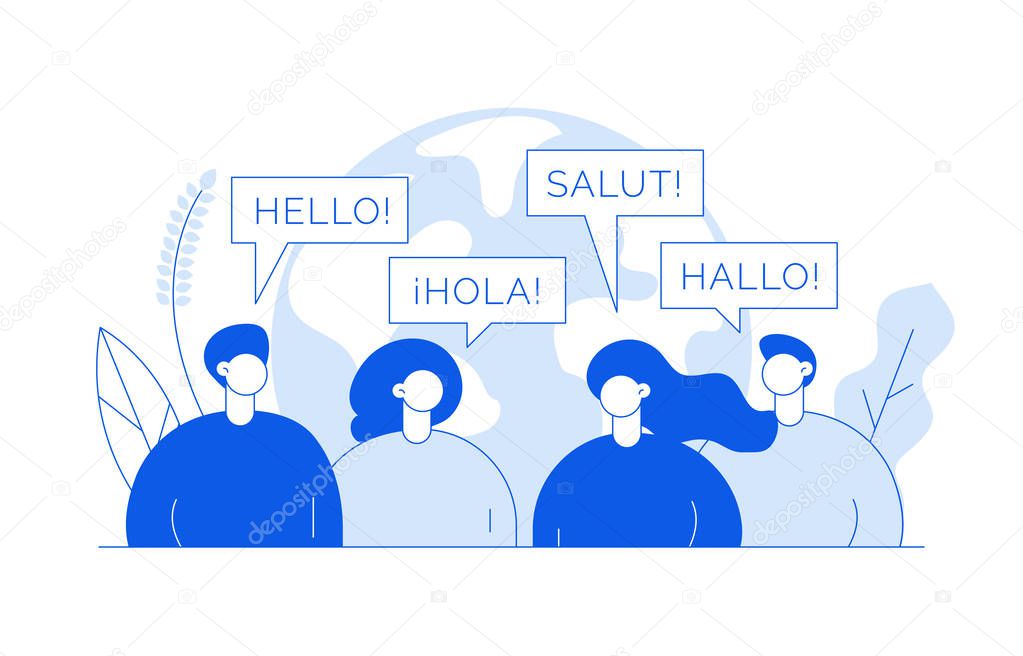 Vector flat line translation concept of  big modern people,speaking different languages.Trendy language courses, translation agency illustration with earth globe, word hello in Spanish,French,German.