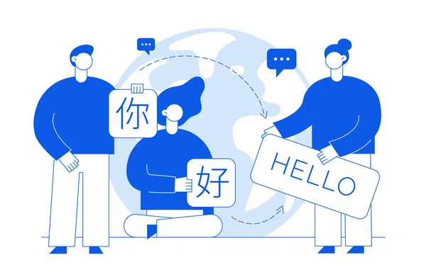 중국어와 영어에 hello로 카드 큰 현대 사람들의 벡터 평면 선 번역 디자인 개념. 최신 유행 강좌, 지구 세계와 번역 기관 그림. — 스톡 벡터