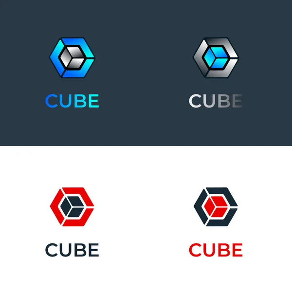 ベクトル カラフルな青のグラデーションと金属ガラス キューブのロゴのテンプレートを設定します。氷とシルバー キューブ ブランド アイコンのデザイン、青と赤のグラデーション バージョンで抽象的な会社シンボル — ストックベクタ