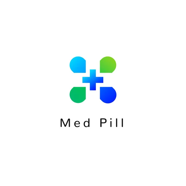 Flache Medizin Symbol blauen und grünen Gradienten Emblem Logo, Web-Online-Konzept. Pillen, medizinisches Kreuz, pharmazeutische Ikone — Stockvektor