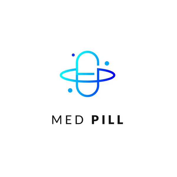 Icono de medicina de línea logotipos de emblema de degradado azul, concepto en línea web. Logo de la píldora, átomo, planeta, iconos farmacéuticos — Vector de stock