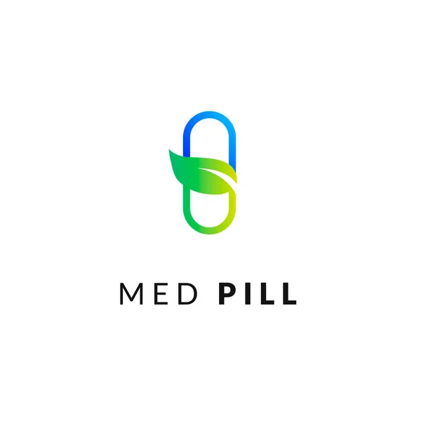 Línea plana icono de la medicina logotipo emblema azul y verde, concepto en línea web. Signo de píldora y hoja, icono farmacéutico — Vector de stock