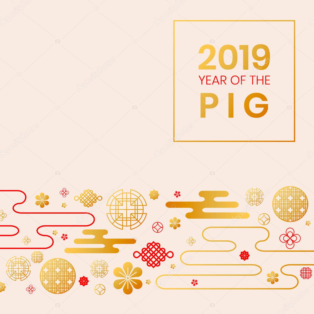 2019 Year of the Pig zodiac year of China,asian backdrop traditional circles,flowers,clouds.Happy Chinese New Year greeting card,web online concept,Oriental chinese style background elements