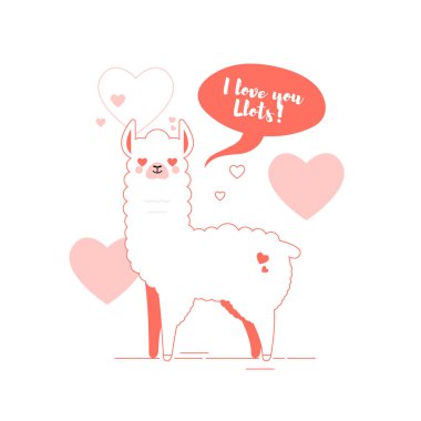 Şirin doodle karakter llamas çıkartmaları trendy yaşam mercan içinde mutlu, gülümseyen, yaramaz, gülen yüzleri pembe bir arka plan üzerinde renkli. Konuşma balonu sevimli sevimli lama hayvanlarla seni llots seviyorum