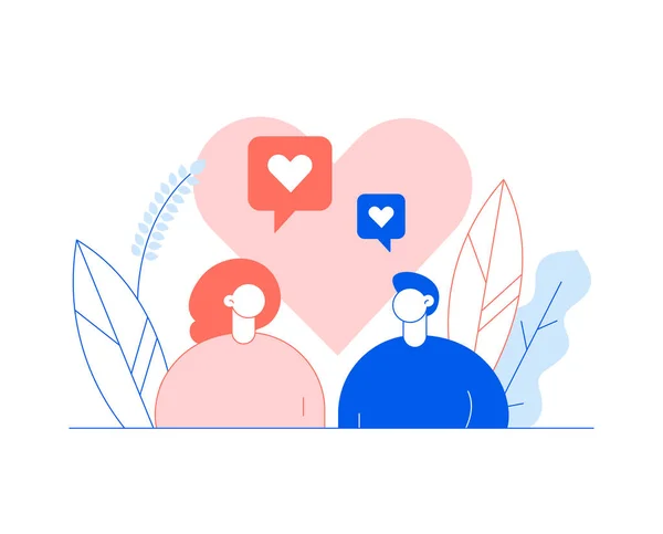 Valentines day romantic people couple of man and woman lovers in blue and trendy lining coral colours flat line style design concept with big modern characters. Love gift card illustration — Stok Vektör