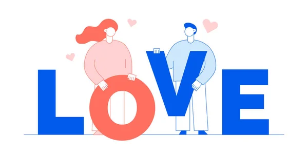 情人节浪漫的人一对男人和女人的恋人在蓝色和时尚衬里珊瑚颜色平线风格的设计概念与大现代字符。爱礼物卡片例证 — 图库矢量图片