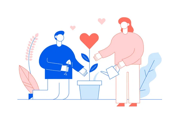 Valentines day romantic people couple of man and woman lovers in blue and trendy lining coral colours flat line style design concept with big modern characters. Love gift card illustration — Stok Vektör