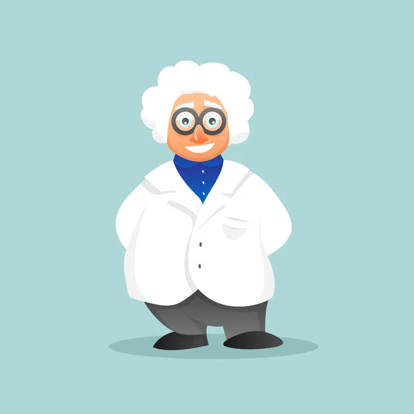 Vector cartoon happy man scientist professor in white scientific medical gown and glasses — Stock Vector