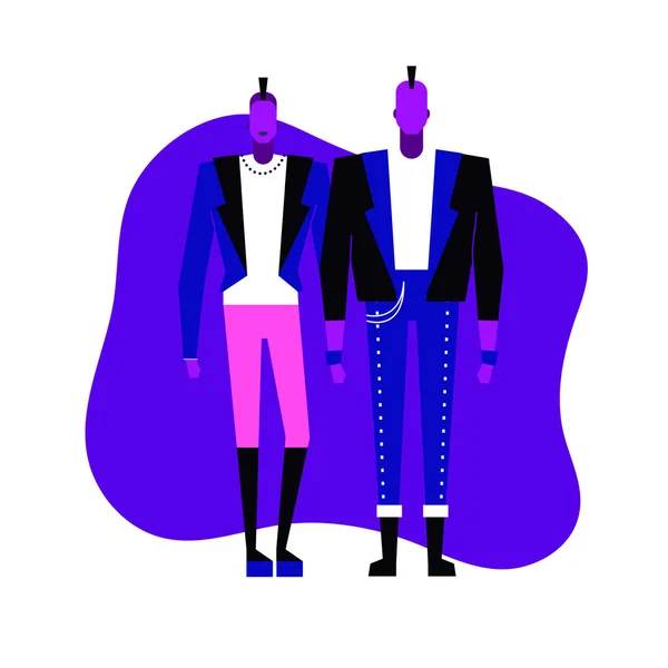 Personagens planos coloridos, subcultura gênero musical vestuário estilo concept.Flat pessoas, homem e mulheres em estilos punk rock roupas roupa no fundo branco azul em cores neon na moda, estilo disco —  Vetores de Stock