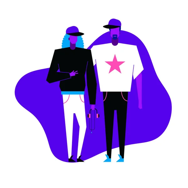 Personagens planos coloridos, subcultura gênero musical vestuário estilo concept.Flat pessoas, homem e mulheres em hip hop estilos pop roupas roupa no fundo branco azul em cores neon na moda, estilo disco —  Vetores de Stock