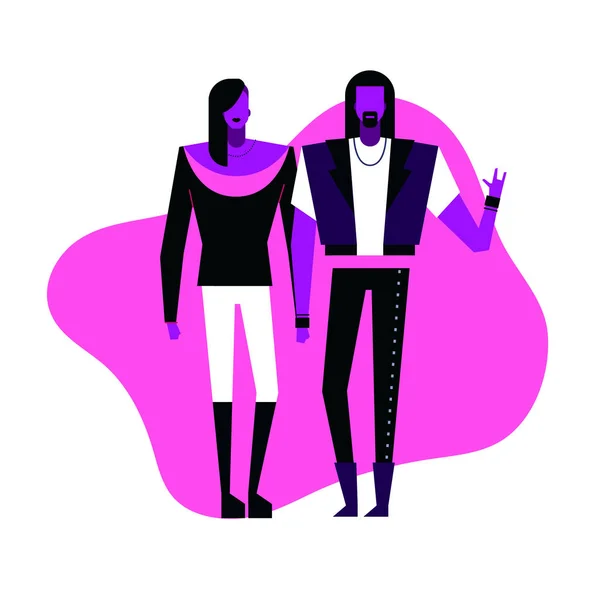 Colorful flat characters,subculture music genre apparel style concept.Flat people,man and women in punk rock styles clothes outfit on blue white background  in trendy neon colours, disco style — Stockvector