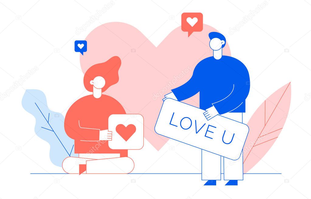 Valentines day romantic people couple of man and woman lovers in blue and trendy lining coral colours flat line style design concept with big modern characters. Love gift card illustration