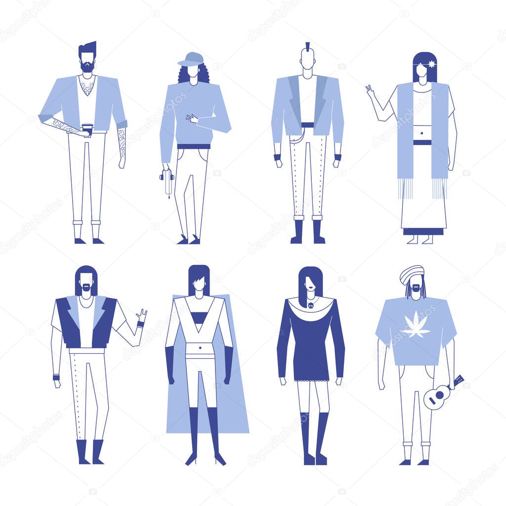 Colorful flat line characters,subculture music genre apparel style concept.Flat people outfit styles diversity-hipster,hip hop,rap,punk,hippie,rock,metal,goth,reggae genres on white background