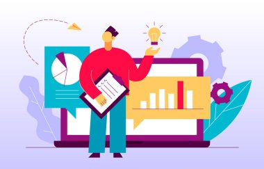 Vector flat style business and finance  design concept with big modern people, man  holding idea light bulb. Trendy brainstorming  illustration with cogs, graphs, diagrams, paper plane, leaves.