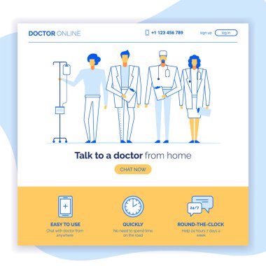 Çevrimiçi Yardım Danışma web servis Doktor karakter seti, açılış sayfası şablonu, sağlık app tıp kavramı. Tıbbi ekip doktorlar ve hazır kullanım simgeler, düğmeler-kaydolun, oturum açma, saat, konuşma kabarcıklar