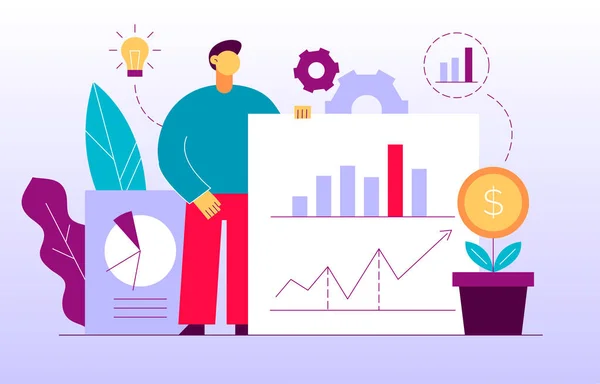 Vector flat style business and finance  design concept with big modern person  holding financial graphs.Trendy investment and stock  illustration with diagrams, light bulb,money plant and leaves. — Stockvector