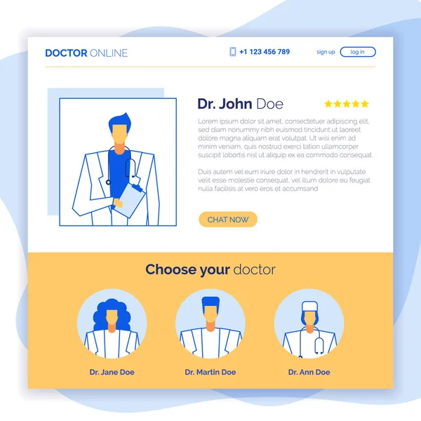 Online Konsültasyon destek web hizmeti Doktor karakter seti, app ekran, açılış sayfası şablonu, Sağlık Tıp kavramı. Tıbbi ekip avatar, afiş, düğmeler-sohbet şimdi, kullanıma hazır kaydolun giriş — Stok Vektör