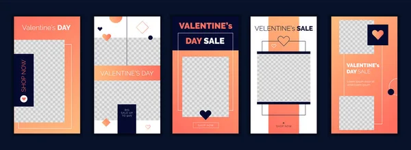 Plantilla de historias de Instagram del día de San Valentín piso moderno en gradiente de coral de vida de moda, para el blog y las ventas, web online shopping banner concept.Minimalistic geometric trendy sale app screens — Vector de stock