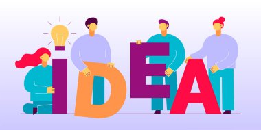 Vektör düz stil iş ekip çalışması tasarım konsepti ile büyük modern insanlar, ampul. Erkekler ve kadınlar ve fikir illüstrasyon beyin fırtınası trendy harfler.