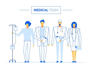 Çevrimiçi Yardım Danışma web servis Doktor karakter seti, modern düz tasarım Sağlık Tıp kavramı. Tıbbi ekip uzmanlar çeşitlilik-stajyer, hekim, Md, erkek ve kadın uzman doktor üniformalı