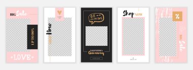 Modern düz Sevgililer günü Instagram hikayeler şablonu blog ve satış, web online alışveriş afiş kavramı için pembe ve altın renkleri. Minimalist geometrik trendy Satılık app ekranlar
