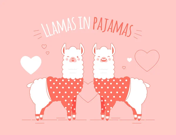 Cute doodle character llamas sticker in trendy living coral colour happy,smiling,naughty,laughing pink mascots. Adorable charming lama animals in pajamas — Stock Vector