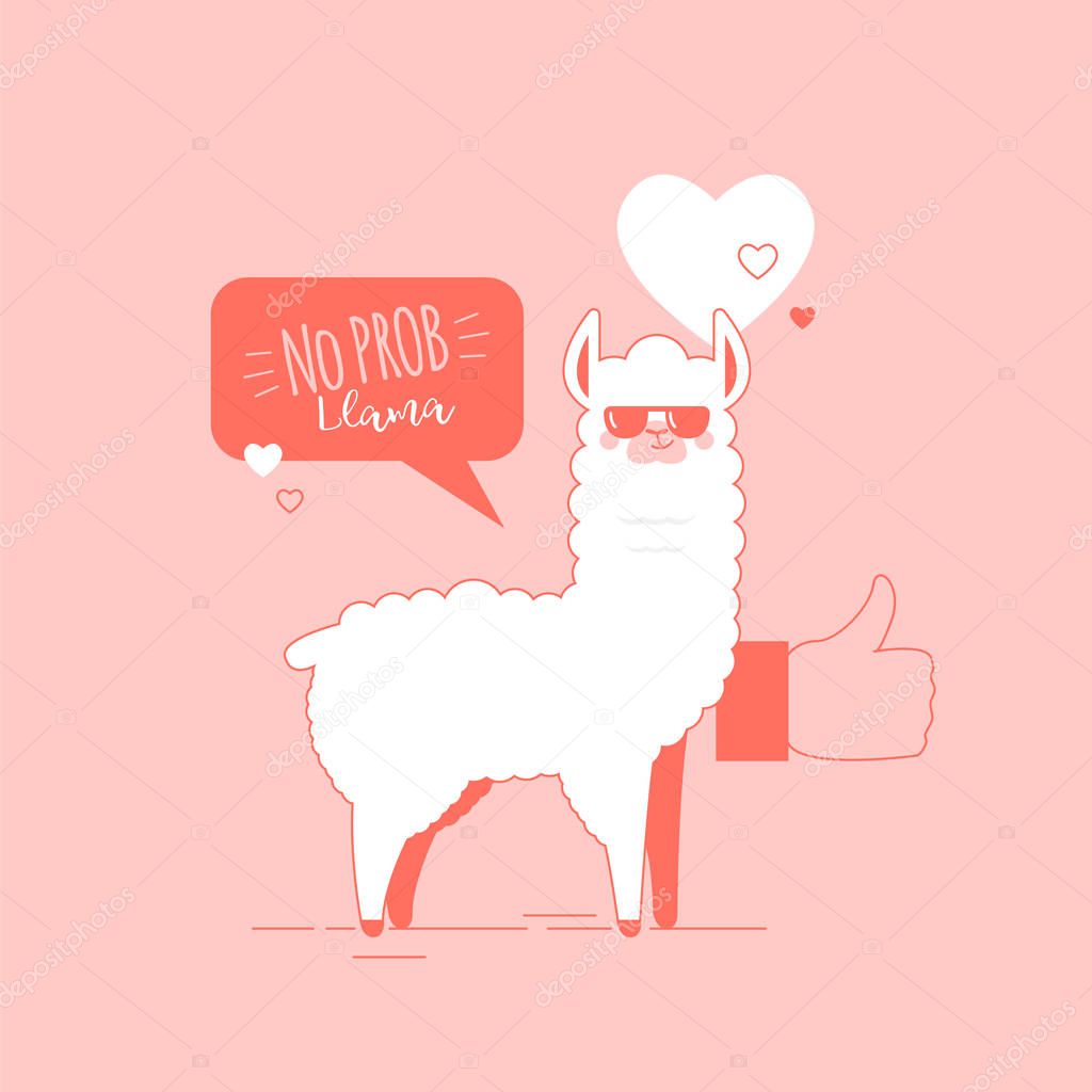 Cute doodle characters llamas stickers in trendy living coral colour happy,smiling,naughty,laughing faces on pink background.Adorable charming lama animals with speech bubble No Prob Llama