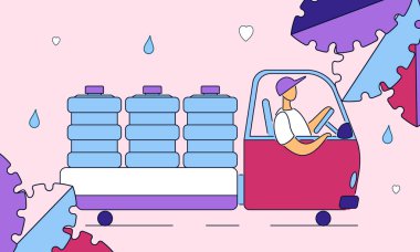 Renkli modern düz çizgi film karakterleri iş teslim, koruma, analiz, temiz su üretim konsepti. Düz stil anahat karakter kamyon sürücüsü iş teslim, taşıma su şişeleri