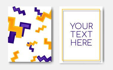 Geometrik desen sarı mavi memphis zikzak öğeleri ve metin kopya alanı, mockup banner tasarımı modern trendy el ilanı kavramı. Soyut minimalist kapak sayfası, afiş, broşür şablonu
