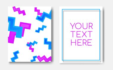 Geometrik desen mor mavi memphis zikzak öğeleri ve metin kopya alanı, mockup banner tasarımı modern trendy el ilanı kavramı. Soyut minimalist memphis kapak sayfası, afiş, broşür şablonu