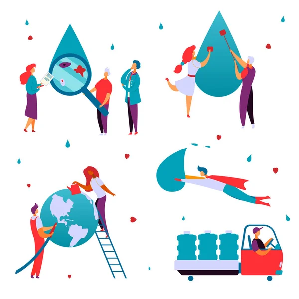 Colorful modern flat cartoon characters business delivery,preservation,analysis,clean water production concept set.Flat style character little people work-analyze,purificate,transport water — 스톡 벡터