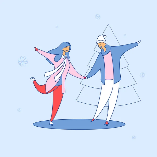 Modern cartoon flat characters family spending happy time together ice skating, vector hand drawn style.Flat small people, smiling cartoon mom and dad happily doing winter sport outdoors — стоковый вектор