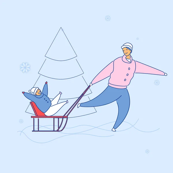 Modern flat cartoon characters family spending happy time together sledging,vector hand drawn style.Flat small people-smiling dad carry laughing cartoon boy on sleigh,playing winter sport outdoors — Stock Vector