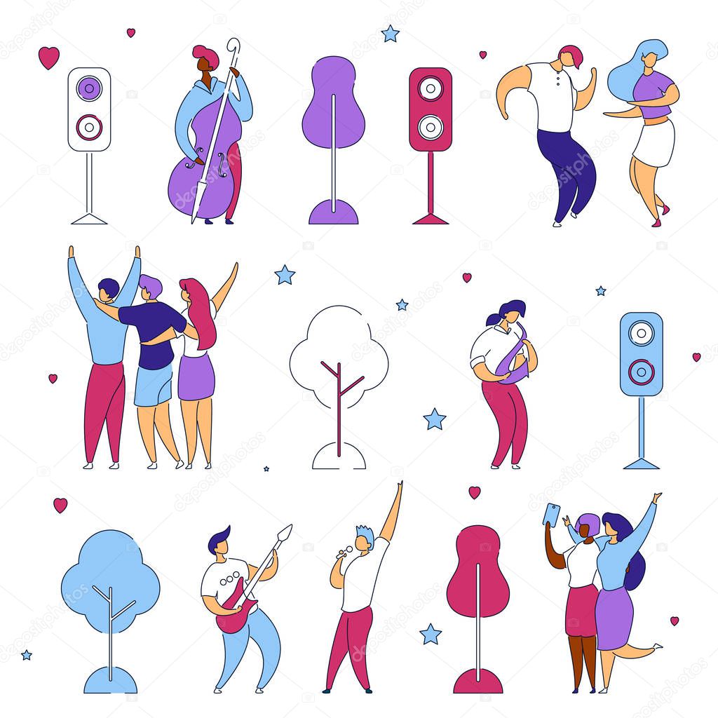 Modern flat cartoon characters set for jazz,rock music fest concept-singer,musicians,guitar,sax,drums,double bass,hand drawn style.Happy people dancing,rejoice,making selfie on musical festival party