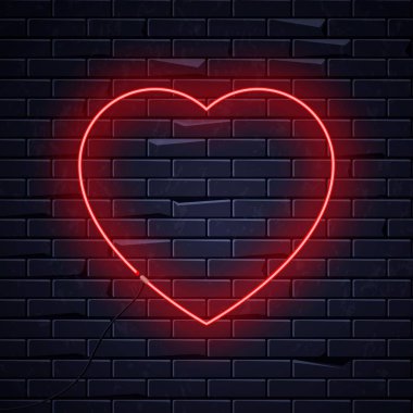 Illuminated neon love heart sign frame light electric banner glowing on black brickwall background.Valentines Day,sex shop,bar concept.Neons sign heart shape poster,signboard,billboard