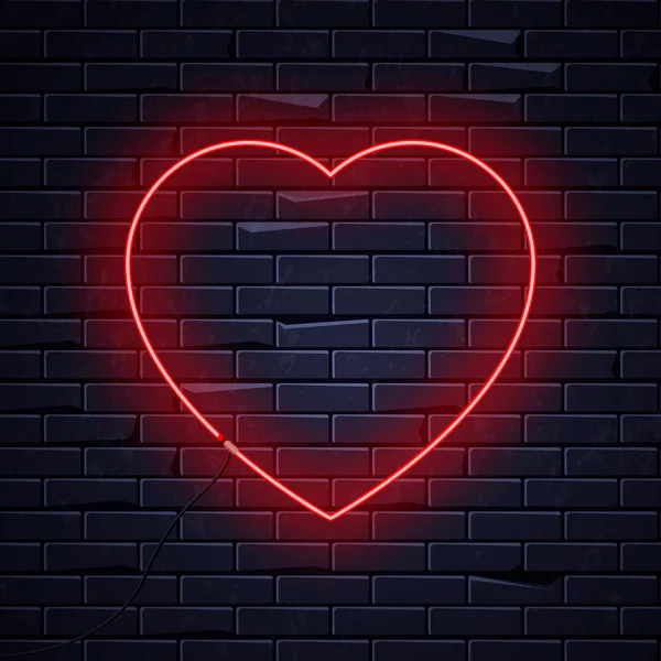 Iluminado neón amor corazón signo marco luz cartel eléctrico que brilla sobre fondo de pared de ladrillo negro. Día de San Valentín, sex shop, bar concept.Neons signo corazón forma cartel, letrero, valla publicitaria — Vector de stock