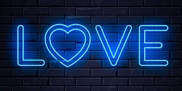 Illuminated neon word love and heart sign frame light electric banner glowing on black brickwall background.Valentines Day,sex shop,bar concept.Neons word love heart shape poster,signboard,billboard — Stock Vector